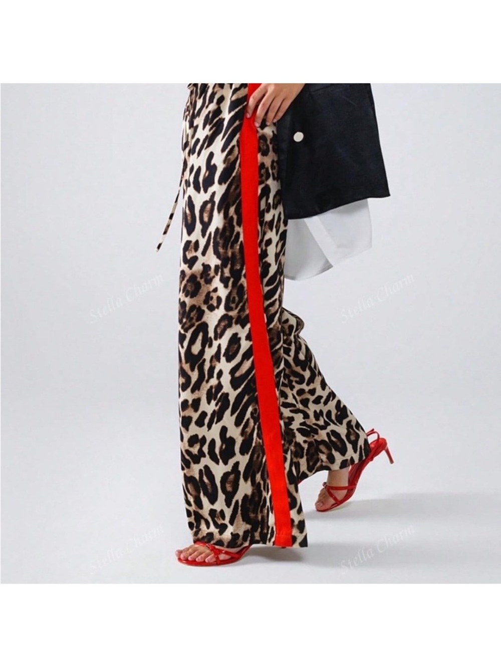 Leopard Print Wide Leg Pants with Red Side Stripe